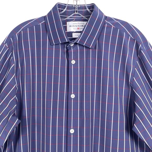 Mizzen+Main Leeward Collection Shirt Size XL Trim Fit Blue Windowpane Stretch - Picture 5 of 16